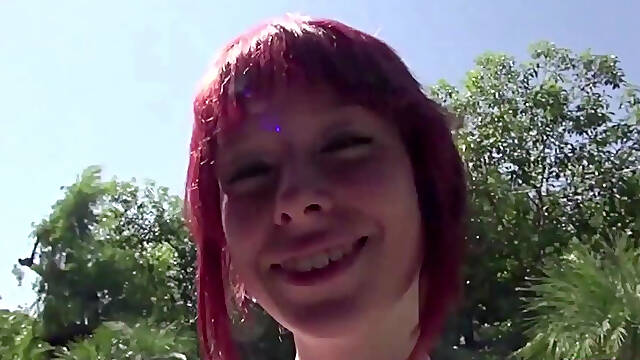 Redhead teen strips naked Outdoor to get fucked hardcore in her tight pussy