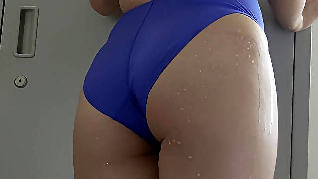 Yukie Kawamura Shows Off her Body while wearing tight blue Arena swimsuit in the Locker Room