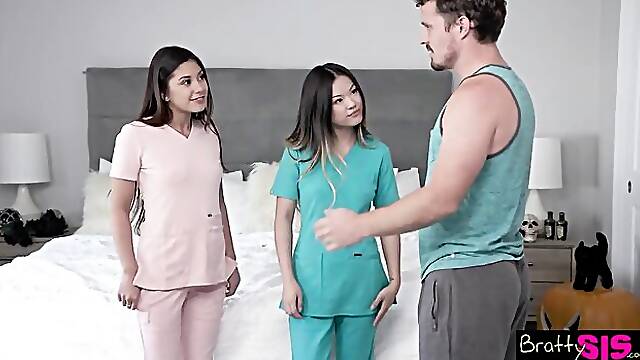 FFM doggy style fuck with two teens Lulu Chu and Xxlayna Marie