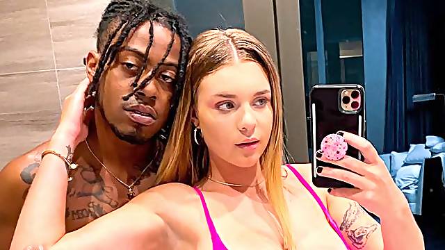 Cute busty model Gabbie Carter jumps on a long black dick