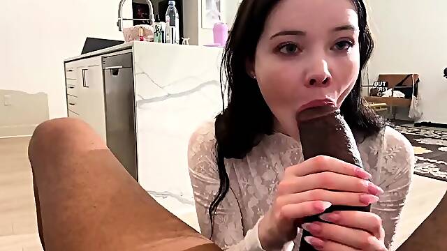 Big tit brunette sucks a big cock blowjob POV