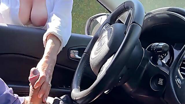 Sexy Busty MILF Helps a Stranger Cum, Milking His Dick Through the Car Window