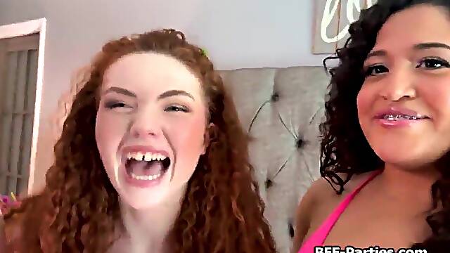Trio best friends challenge to tempt the game host and share him in a 4some