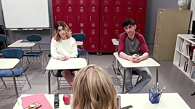 Stacked blonde shares a fat cock with her slutty student