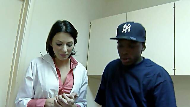 Blue Eyes Cougar MILF Doctor get Horny while watch clients Big black Penis and seduce him to Interracial Fuck