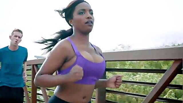 Busty ebony jogging babe fucks a strangers huge dick