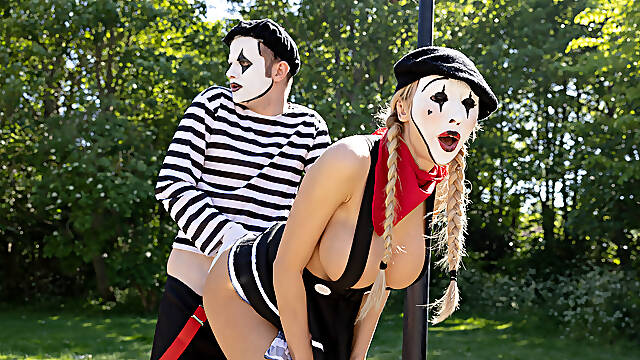 Innocent mimes fuck hard in a hot threesome