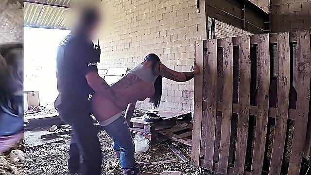 Farm Slut Kimmie Foxx sucks off a Fake Cop outdoors