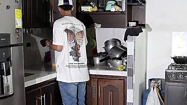 Surprise fuck for my friend in the kitchen cum on my big tits