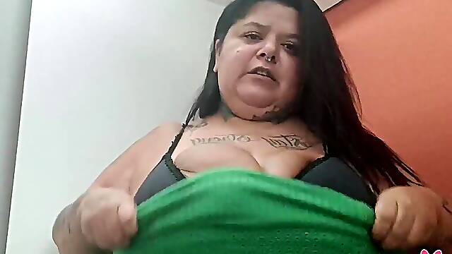 Busty brunette milf flashes giant boobs at public toilet