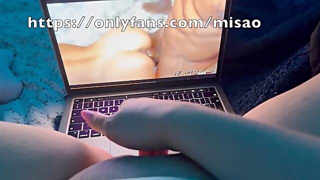 Playing with my heavy tits and masturbating to a wild gangbang
