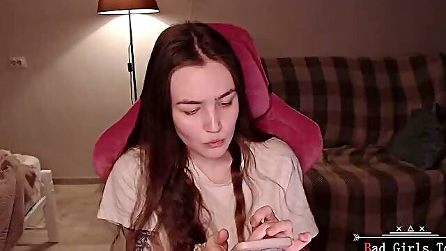 Skinny tattooed busty brunette long hair webcam babe