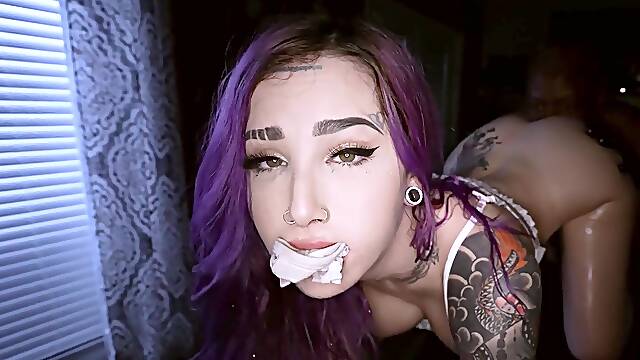 Purple haired babe gets covered in oil, massaged and fucked