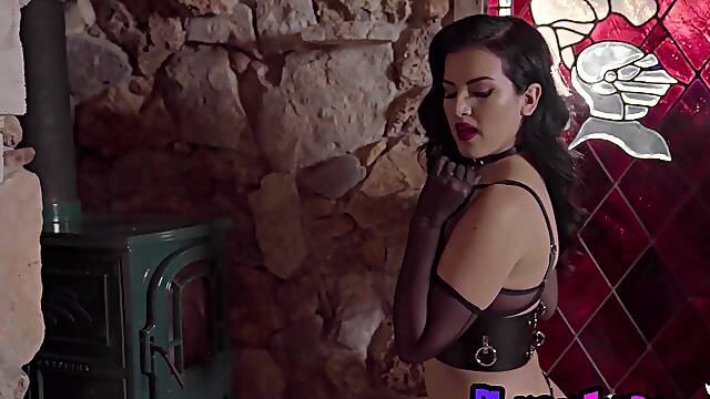 Shy brunette mistress DizzyMsLizzyy takes off her slutty leather lingerie