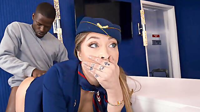 Busty blonde flight attendant fucked by a BBC passenger