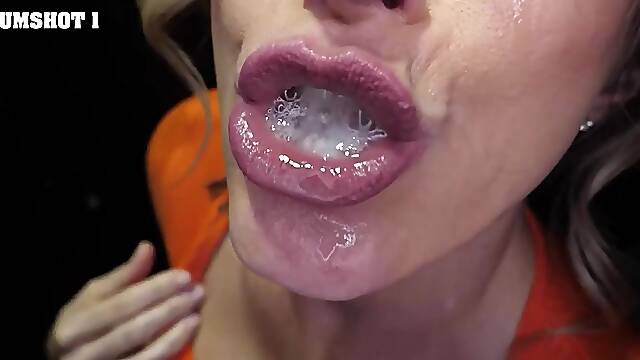 Brunette Mom Loves Sucking Cock Thru the Hole - Handjob and Cum in Mouth