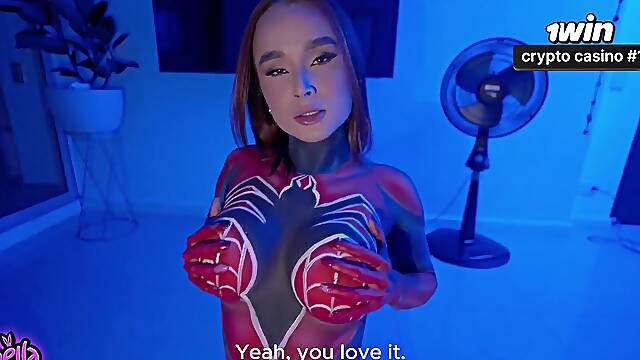 Hot SPIDERWOMAN FUCKS her fan and ride him until he CUMS! - Big tits