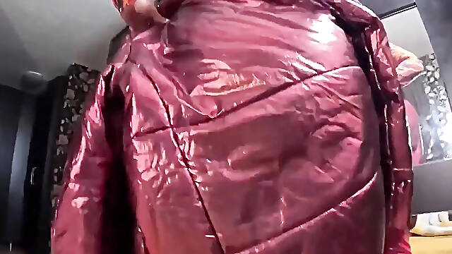 Red Nylon Jumpsuit Fetish Cameltoe Tease, Unfathomable Oral pleasure and Cum on My Downjacket