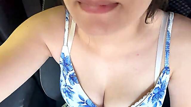 Pinay wife jerks in the car very humid white pearly pussy
