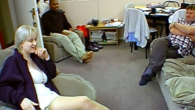 Husband watches his pale white wife with two black men