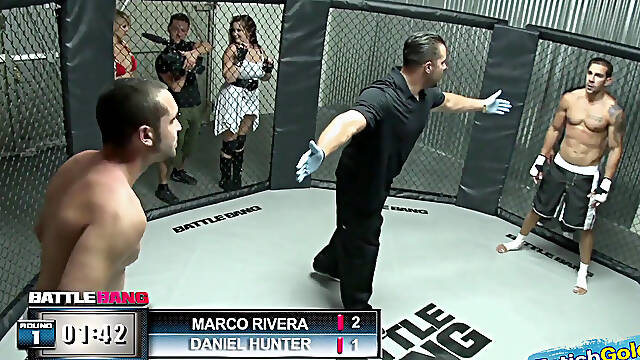 Muscular guy looses fight and have sex with chubby brunette as punishment