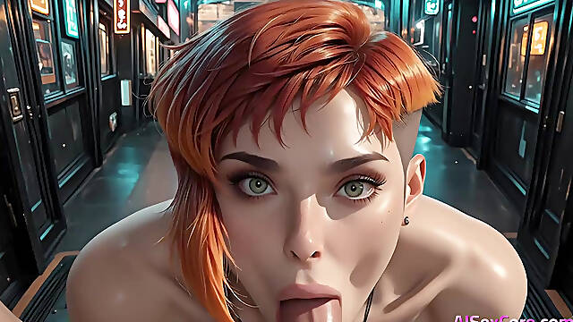 Rebel redhead rides you hard in public alley until every drop of cum soaks her big tits (AI)
