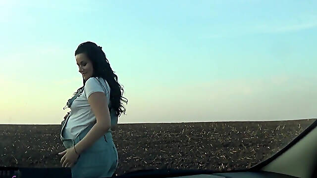 Pregnant Girl Tits Against Windshield