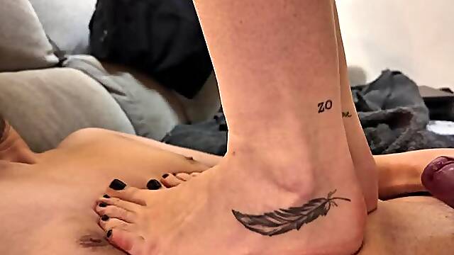 Close up barefoot stomach trampling and ballbusting