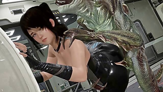 Busty brunette gets boned by a yam-sized alien manstick