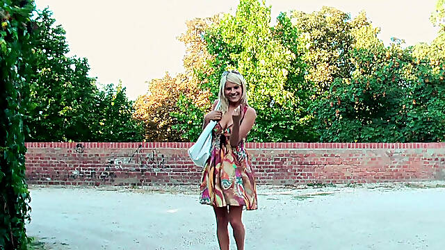 Busty Blonde MILF Drains Stranger Publicly for Voyeurs