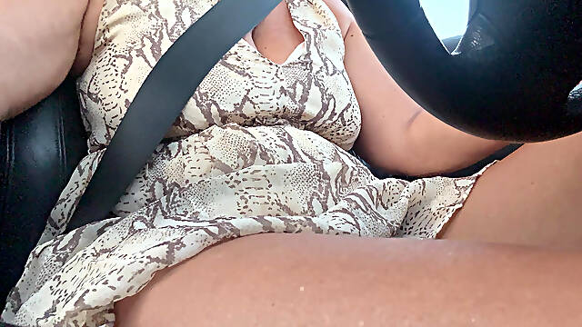 Elegant and Sexy Stepmom Drives the Car and Rubs Her Pussy in the Morning