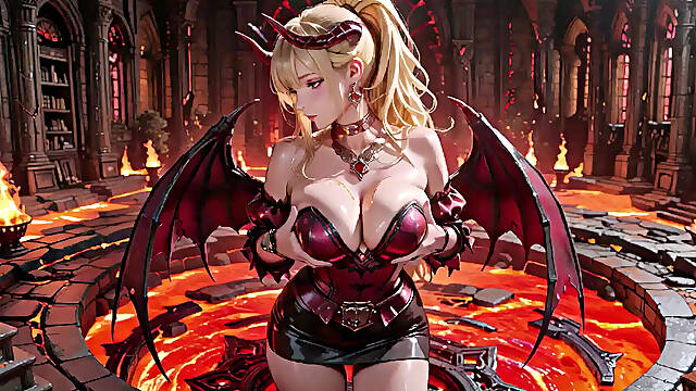 Lava Throne! Blonde Demon Queen Kneels & Spreads Her Wings, Lazy Tease with a Glass.